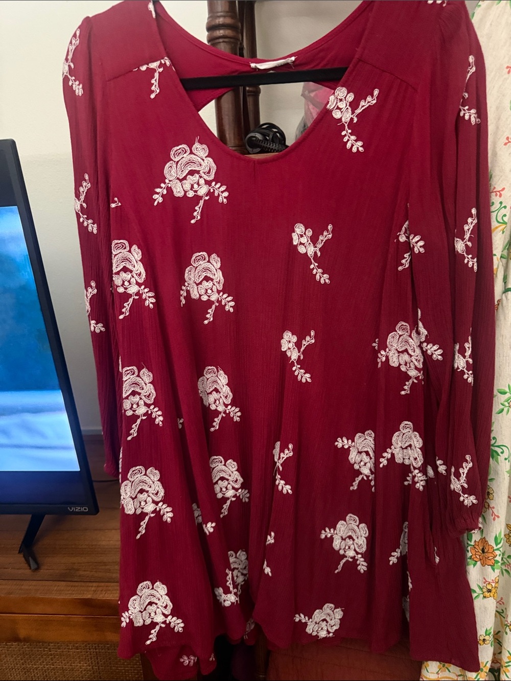 Women's Long Sleeve Embroidered Dress in Burgundy